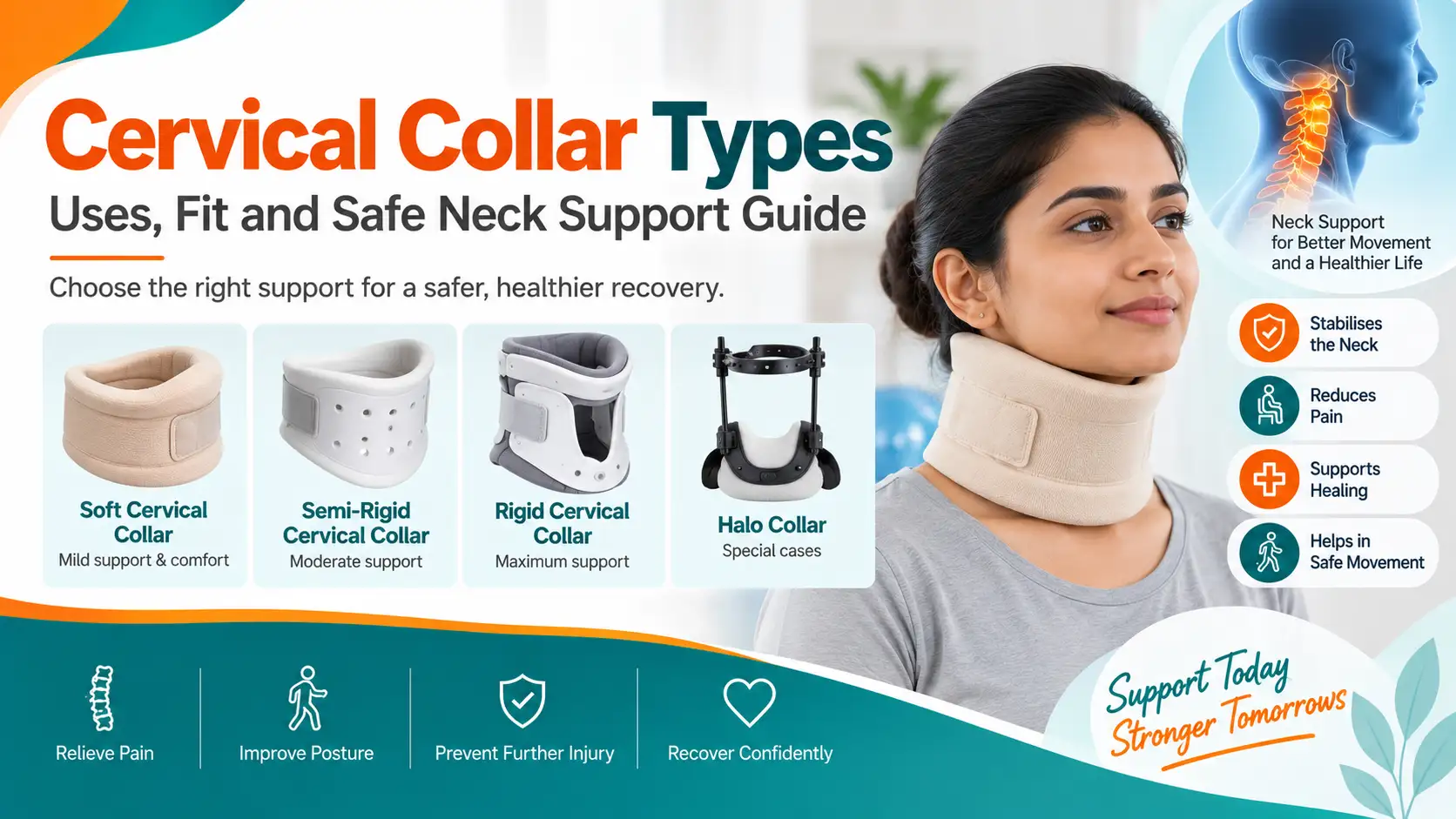 Physiotherapist explaining safe cervical collar fit to an adult patient with neck pain