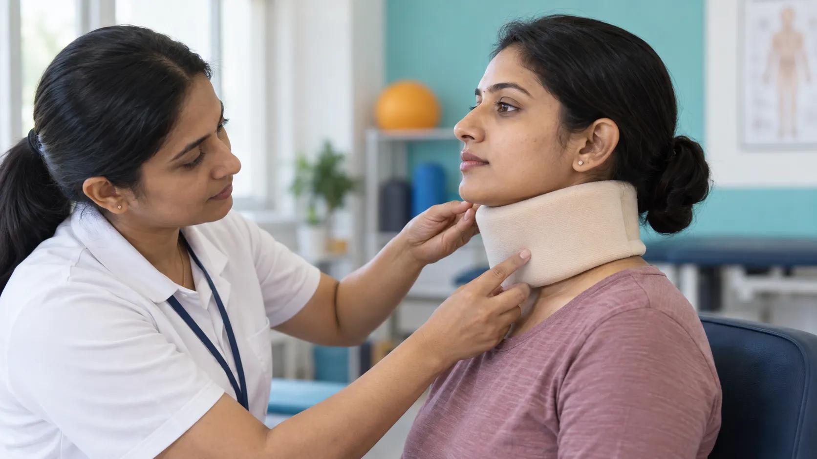 Correct fit of a cervical neck support showing chin and shoulder positioning