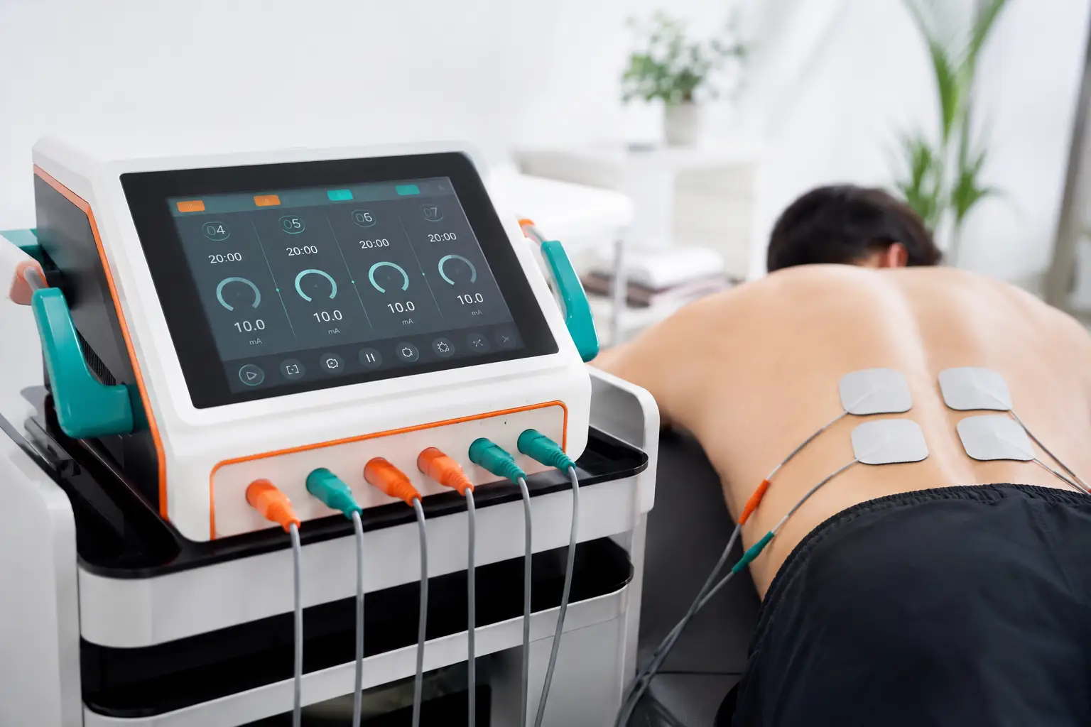 Physiotherapist applying IFT electrodes for back pain treatment in Pune