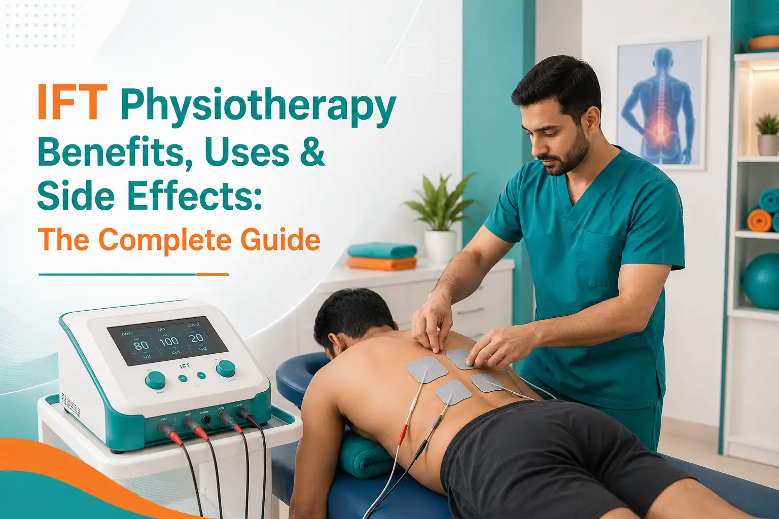 Physiotherapist applying IFT electrodes to a patient's lower back at Apricot Care
