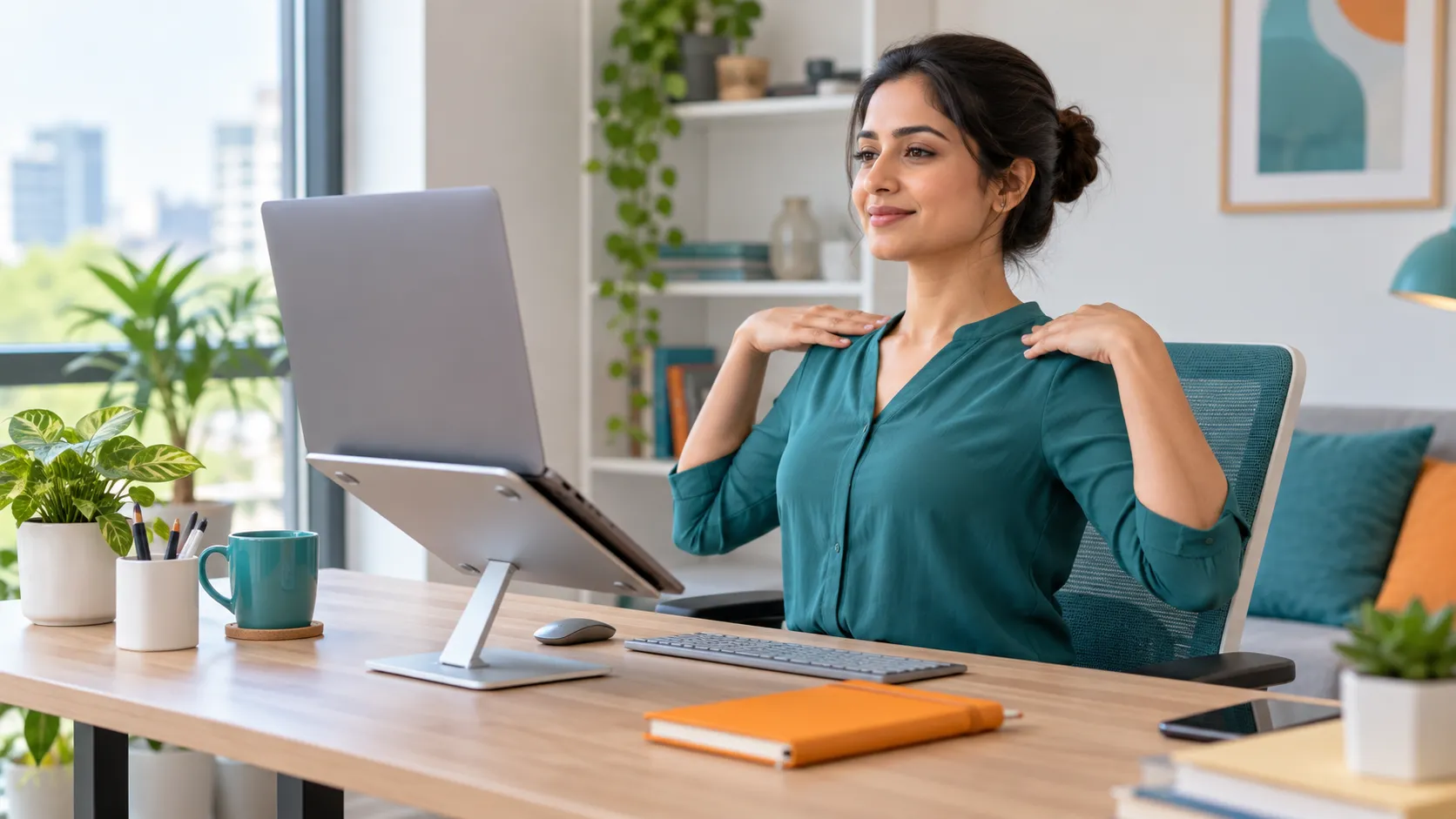 Person maintaining ergonomic desk posture during a neck movement break