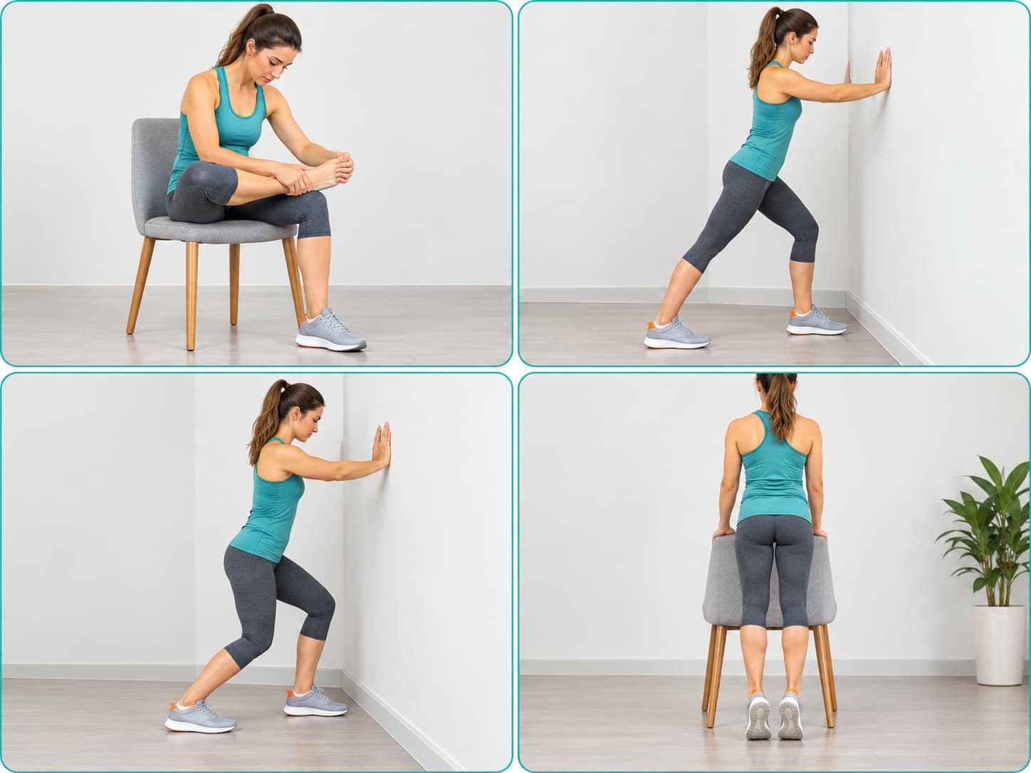 Four plantar fasciitis exercises including foot stretch calf stretches and heel raises