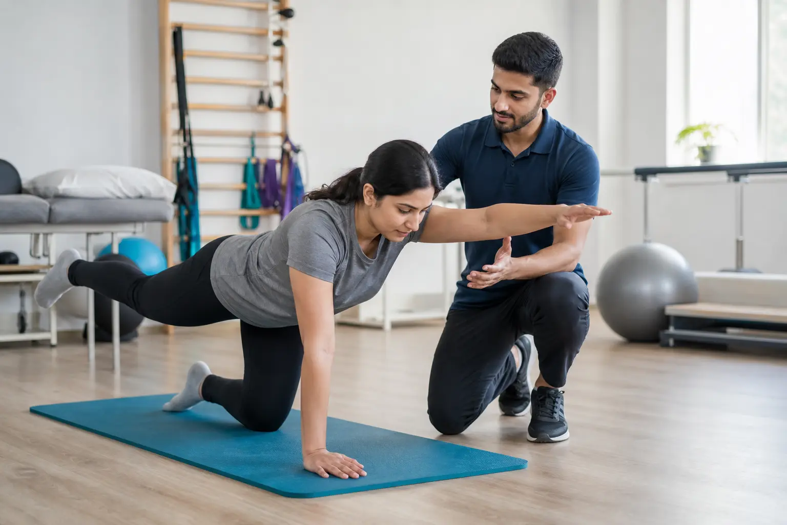 Physiotherapist guiding gentle sciatica exercises for back and leg pain