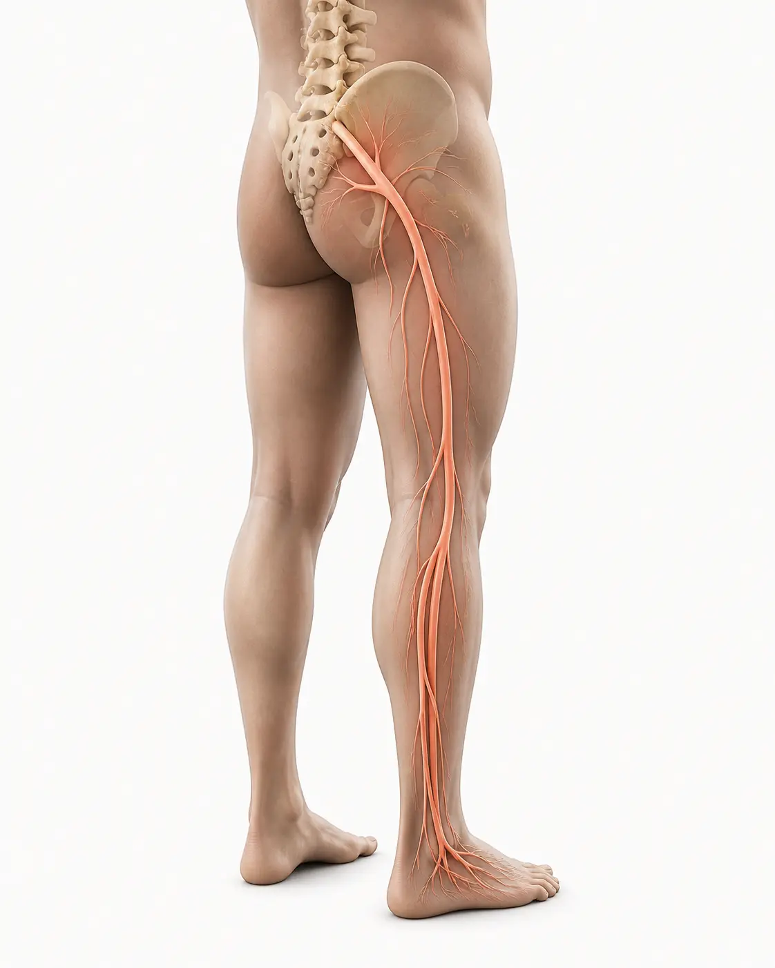 Sciatic nerve pathway from the lower back to the leg