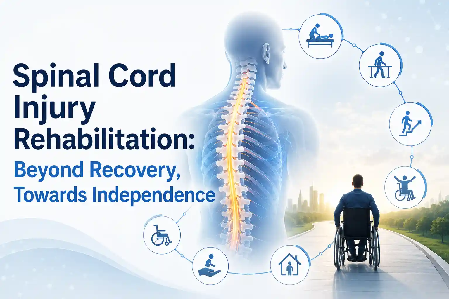Physical therapist assisting a patient with a spinal cord injury during advanced gait training rehabilitation.