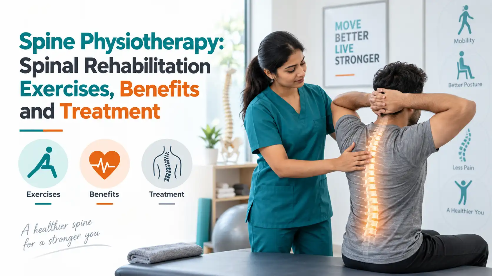 Physiotherapist guiding an adult through a safe spinal rehabilitation exercise