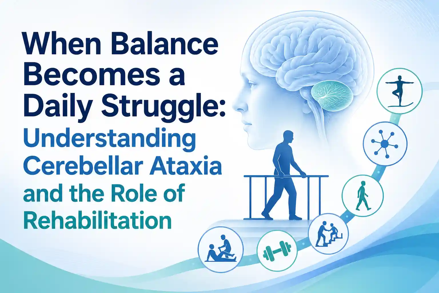 Neurological physical therapist supporting a patient during advanced balance and gait training for cerebellar ataxia. 