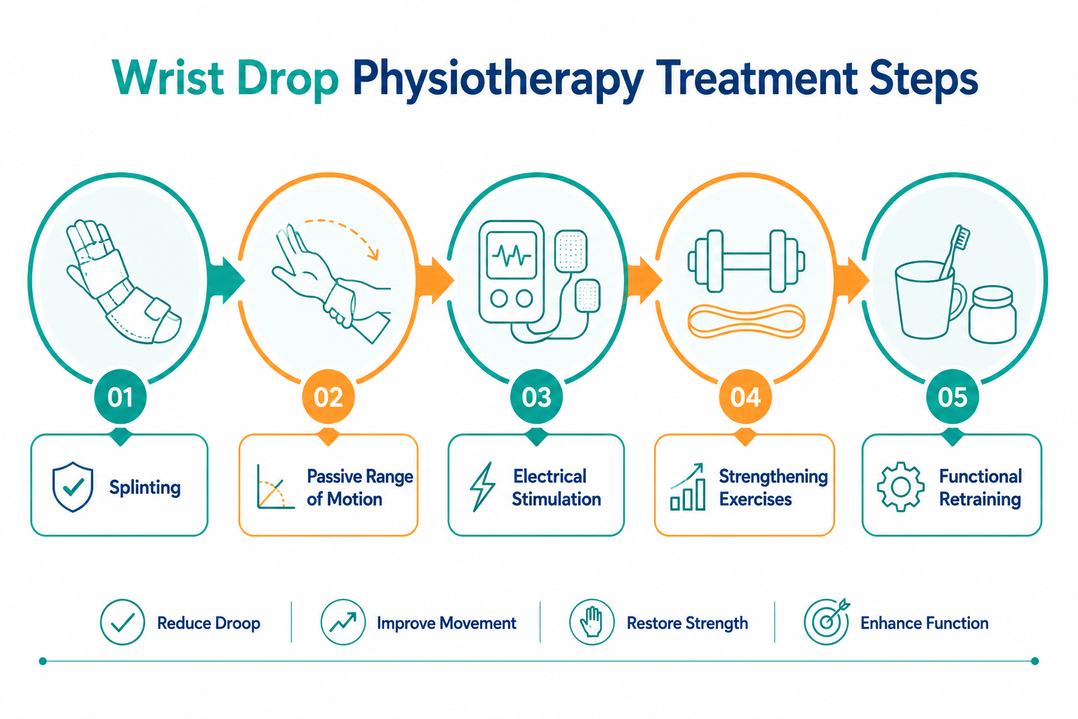 Infographic showing wrist drop physiotherapy treatment steps, including splinting, range-of-motion therapy, electrical stimulation, strengthening and functional retraining.